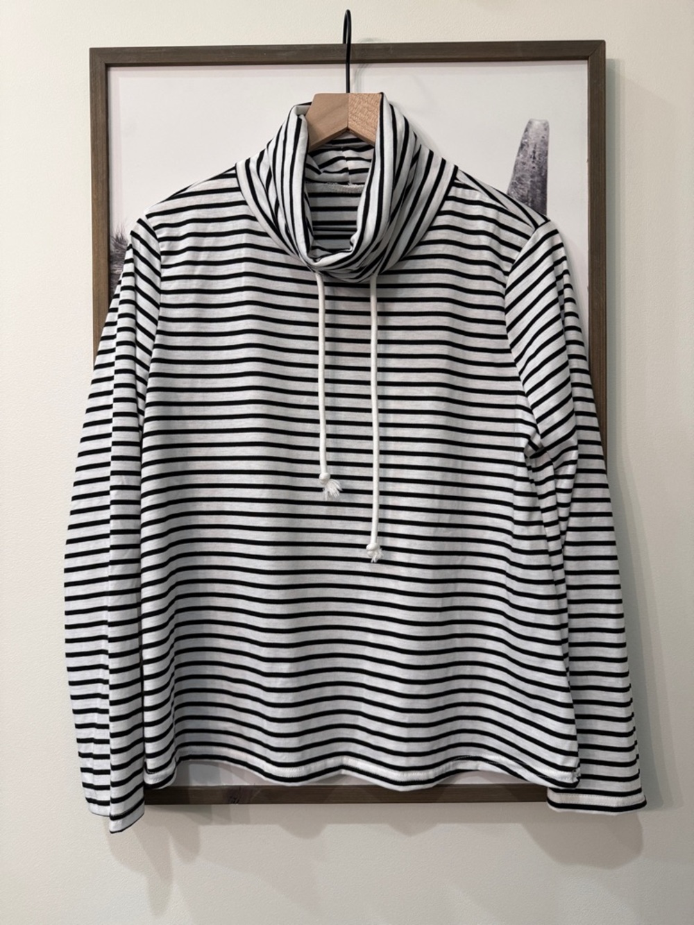 Black and White Striped Cowl Neck Long-sleeve Shirt